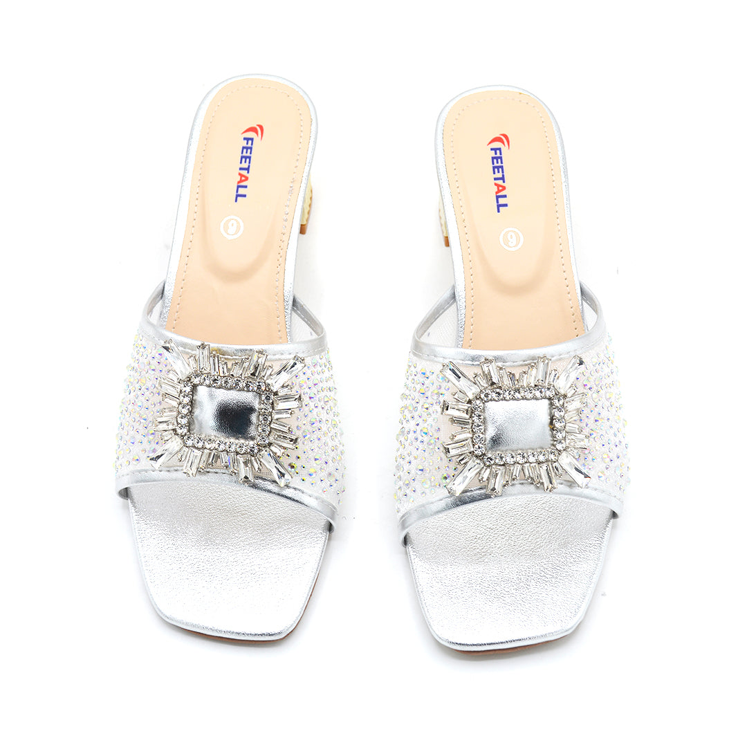 Crystal Brooch Mesh Block Heel Mule