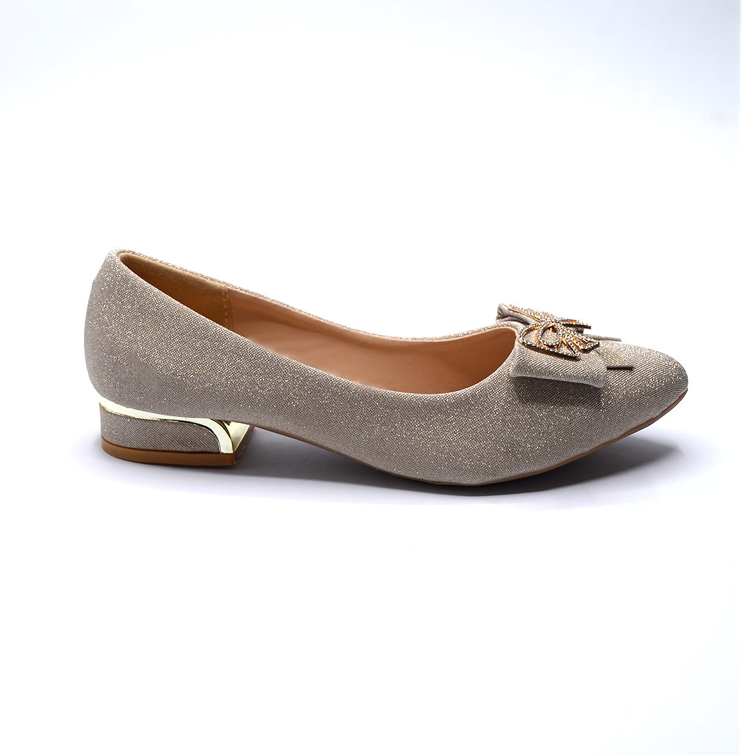 Champagne Glitter Bow Pointed-Toe Low-Heel Flats