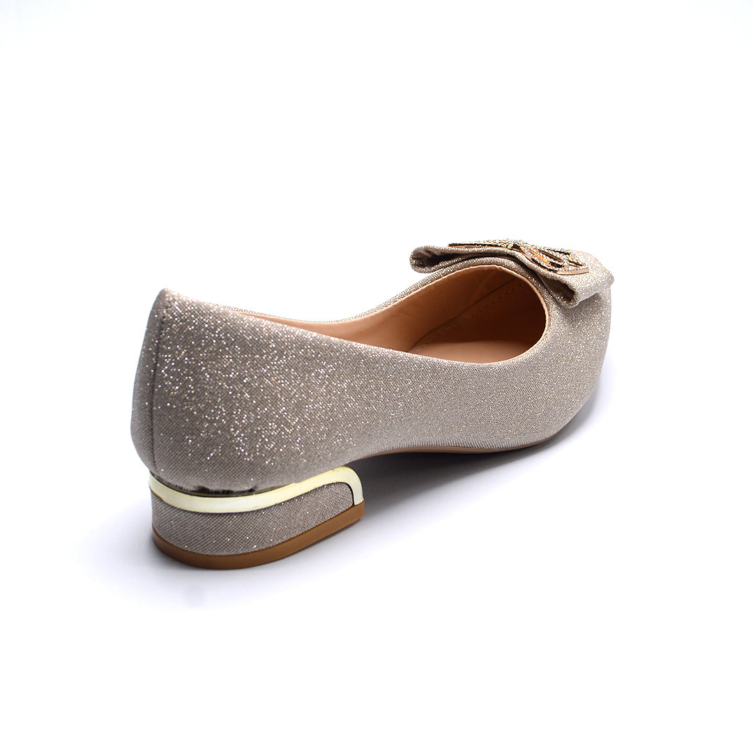 Champagne Glitter Bow Pointed-Toe Low-Heel Flats