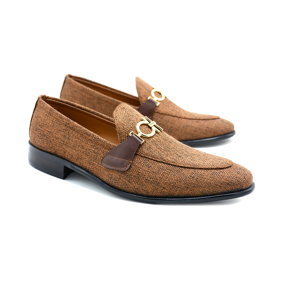 Brown Woven Loafer with Gold Bit Detail