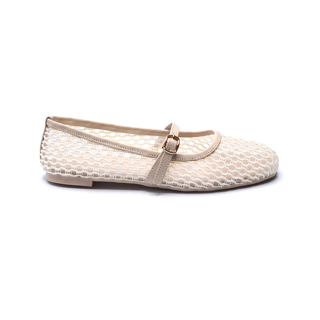 Ivory Mesh Mary Jane Flats with Buckle Strap