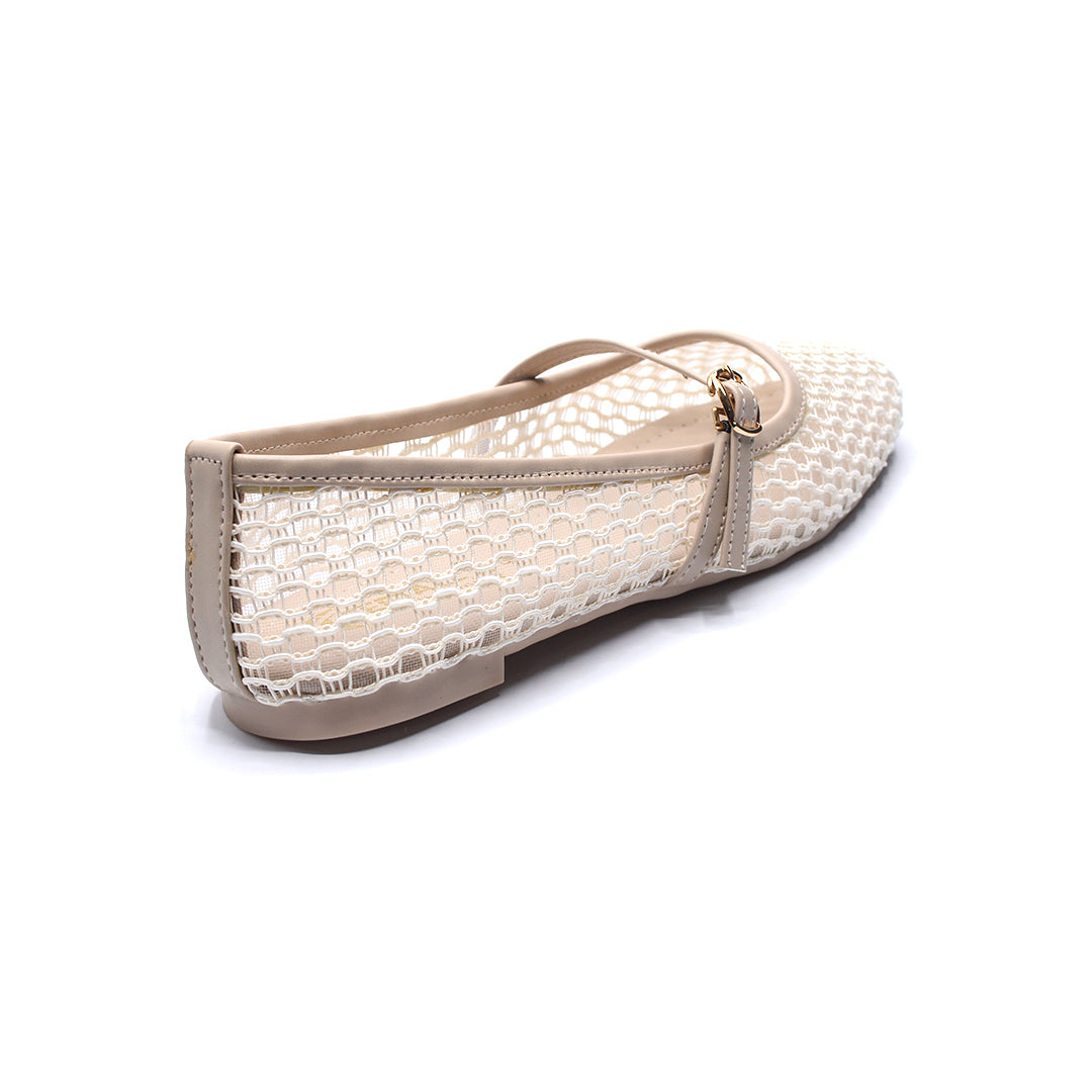 Ivory Mesh Mary Jane Flats with Buckle Strap