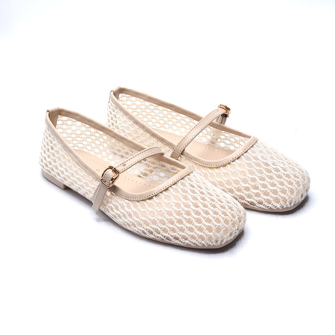 Ivory Mesh Mary Jane Flats with Buckle Strap