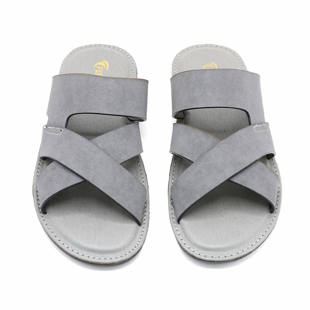 Cross-Strap Grey Suede Slide Sandals
