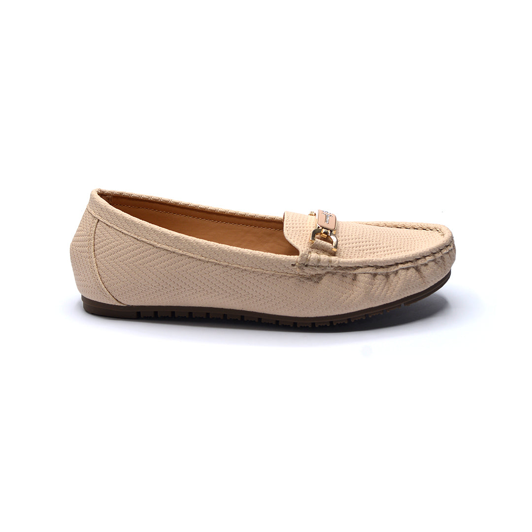 Beige Textured Buckle Moccasin Loafers