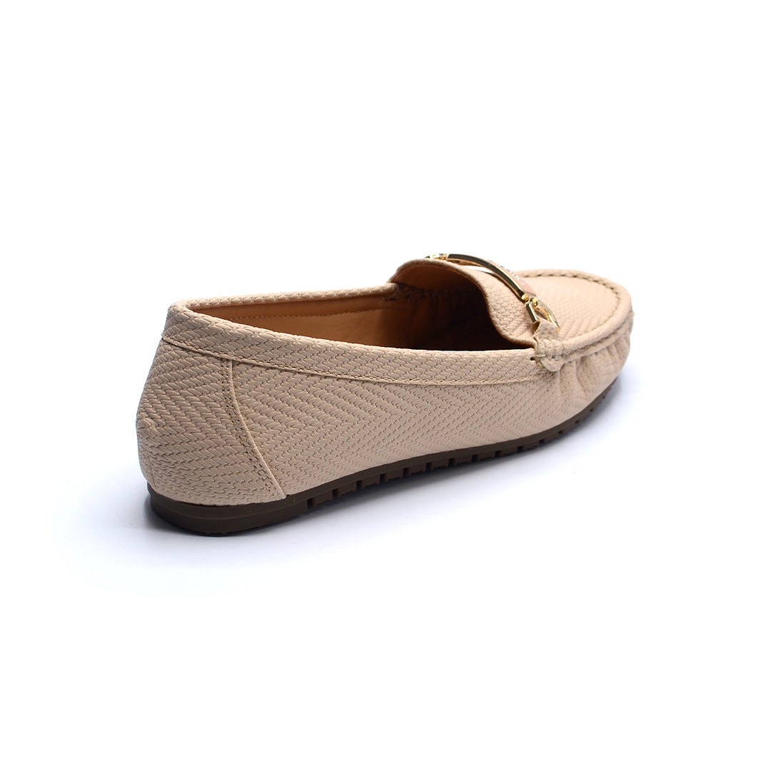 Beige Textured Buckle Moccasin Loafers