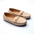 Beige Textured Buckle Moccasin Loafers