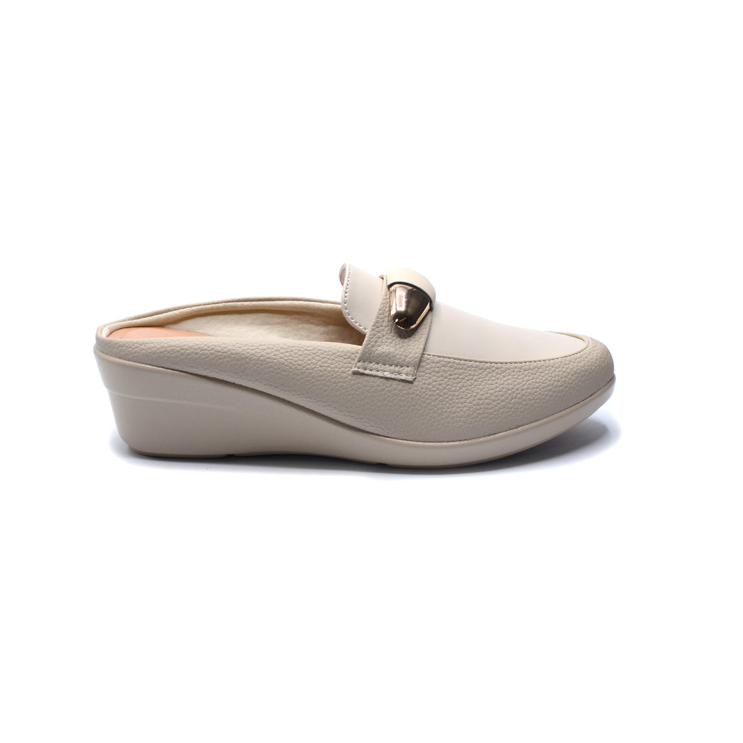 Ivory Wedge Mules with Gold Accent Detail