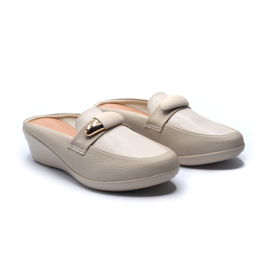 Ivory Wedge Mules with Gold Accent Detail
