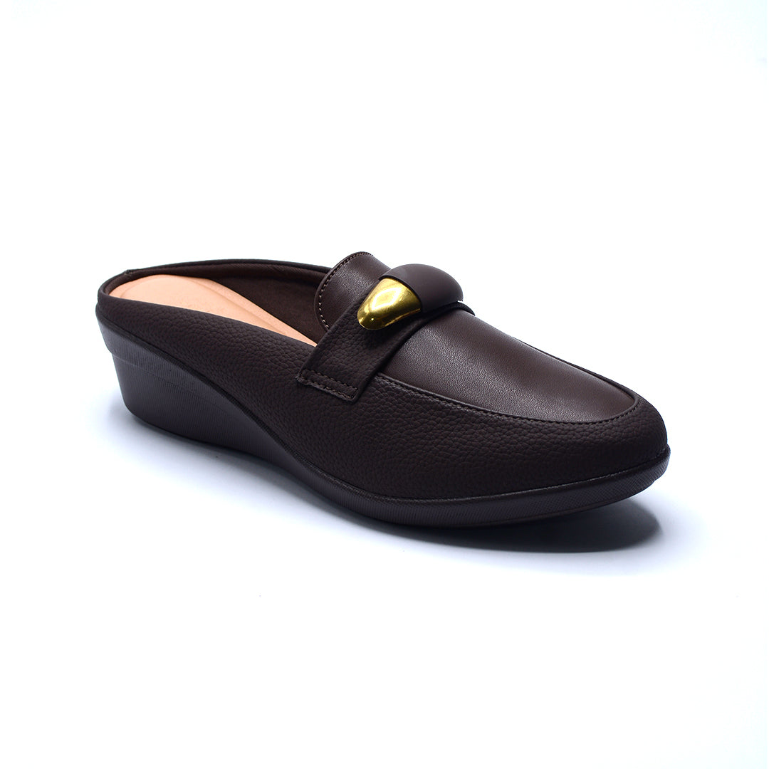 Brown Wedge Mules with Gold Accent Detail