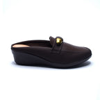 Brown Wedge Mules with Gold Accent Detail