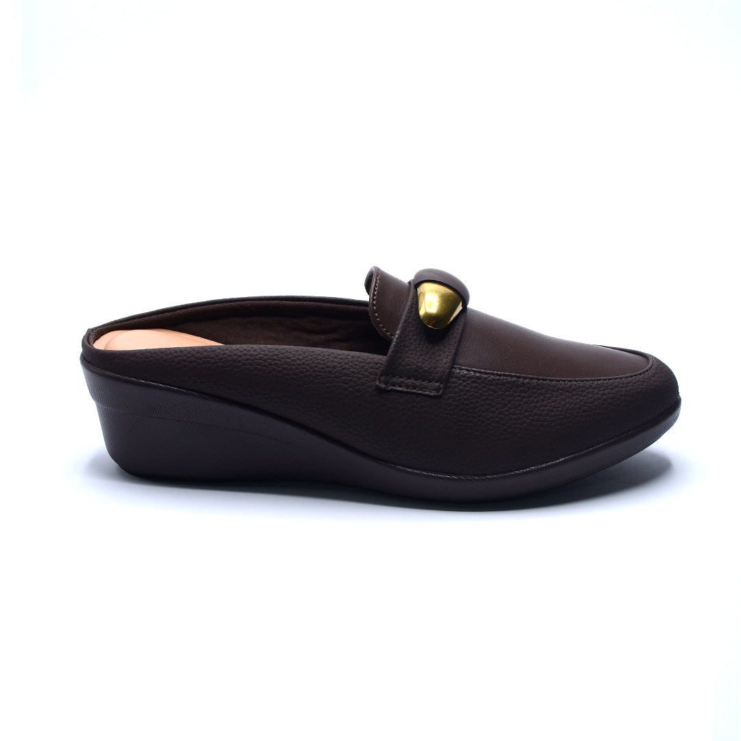 Brown Wedge Mules with Gold Accent Detail