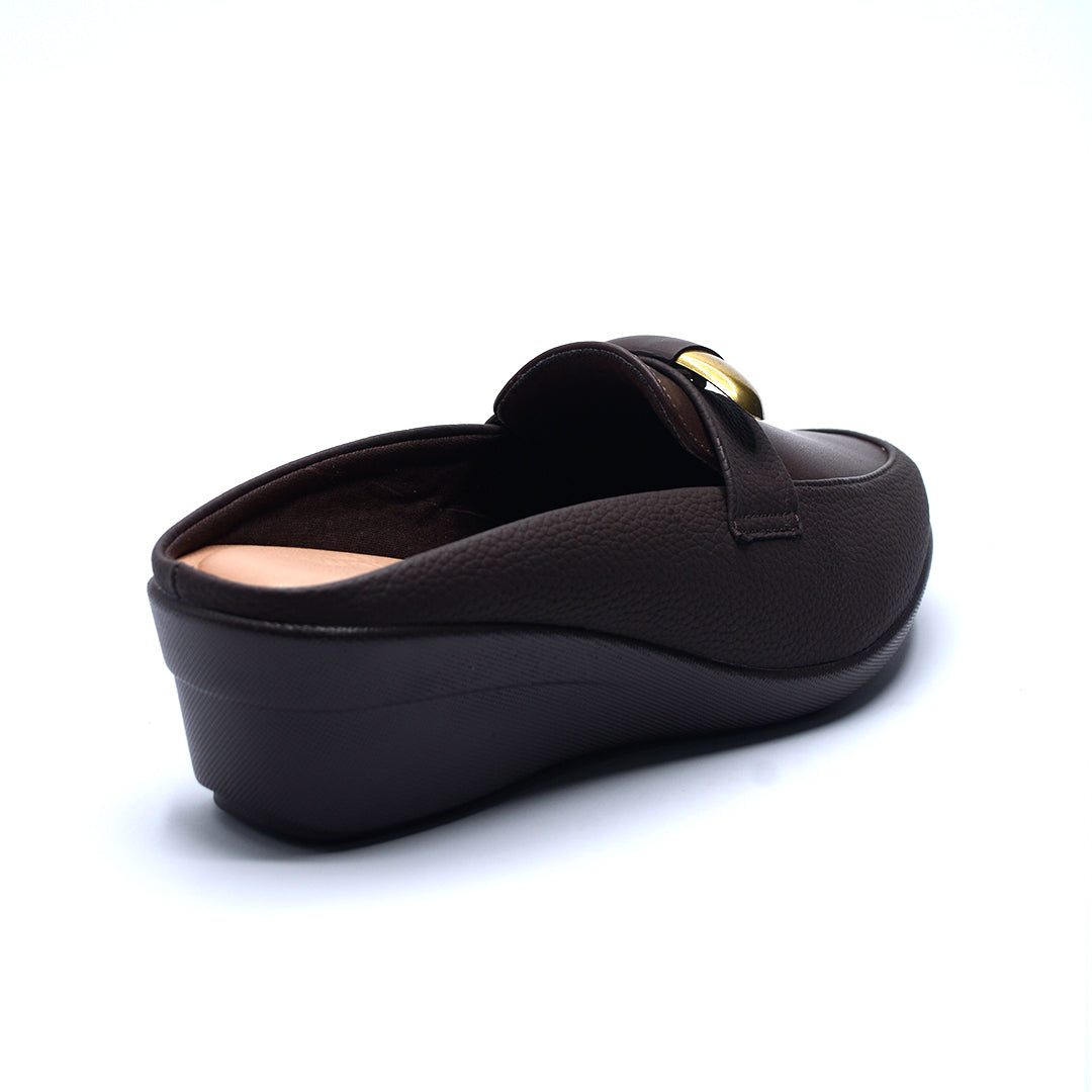 Brown Wedge Mules with Gold Accent Detail