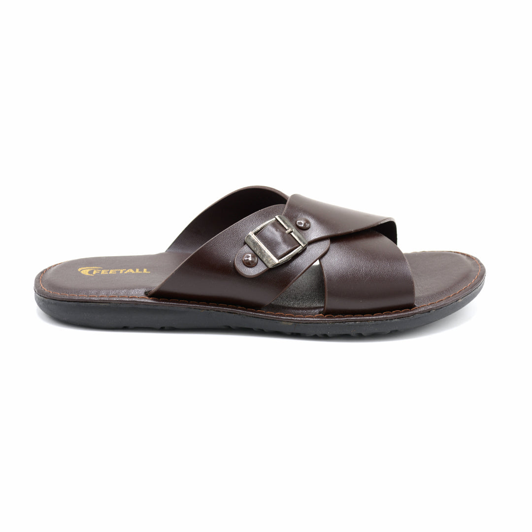 Crossover Buckle Leather Slide Sandal