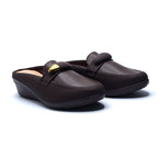 Brown Wedge Mules with Gold Accent Detail