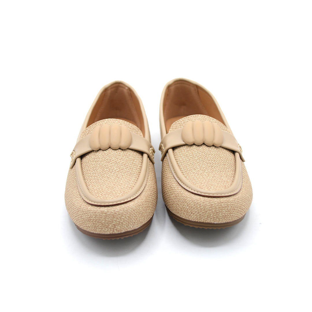 Beige Woven Bow Loafers