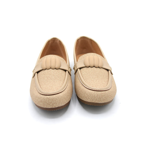 Beige Woven Bow Loafers