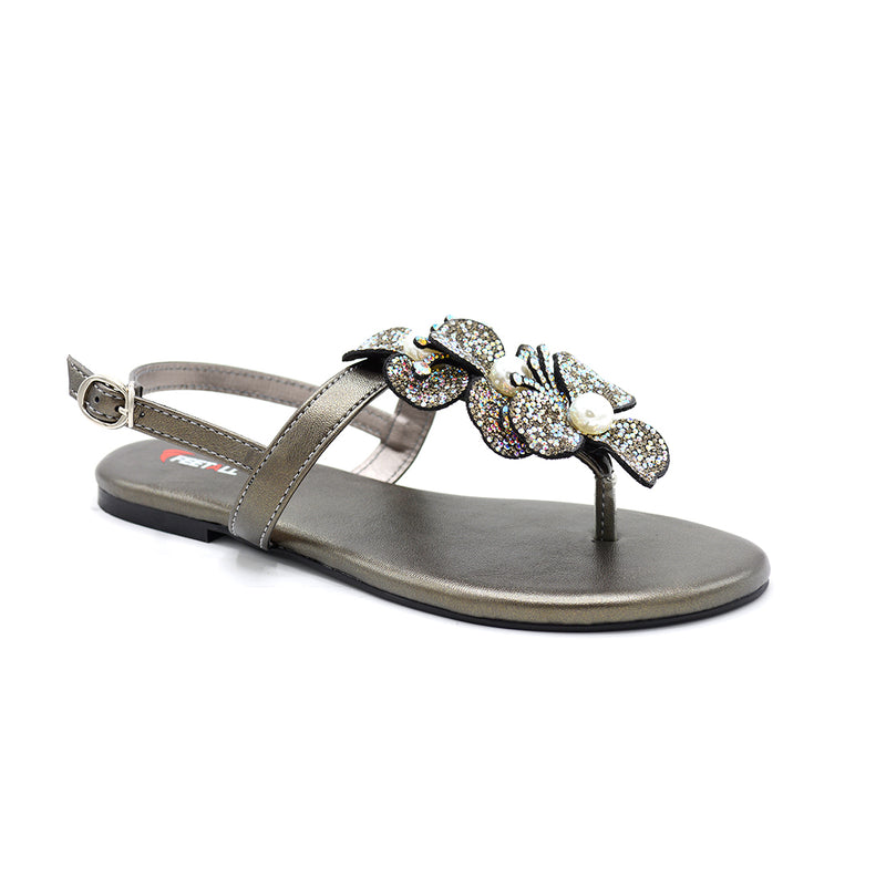Metallic Embellished T-Strap Sandals