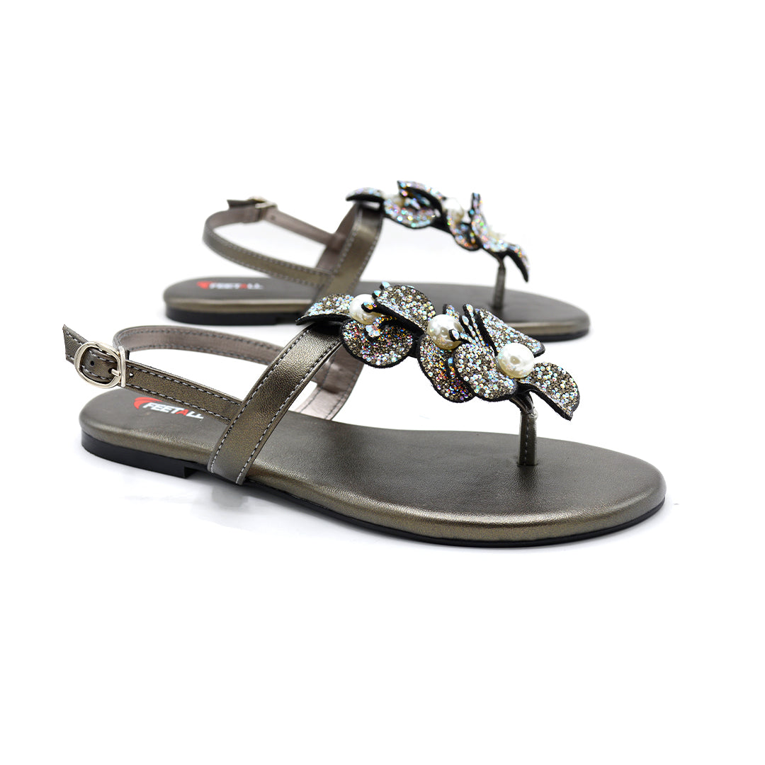 Metallic Embellished T-Strap Sandals