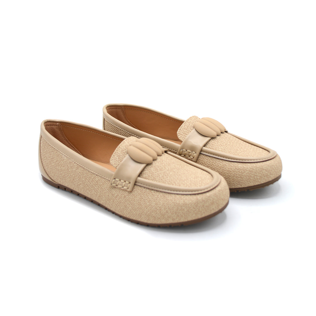 Beige Woven Bow Loafers