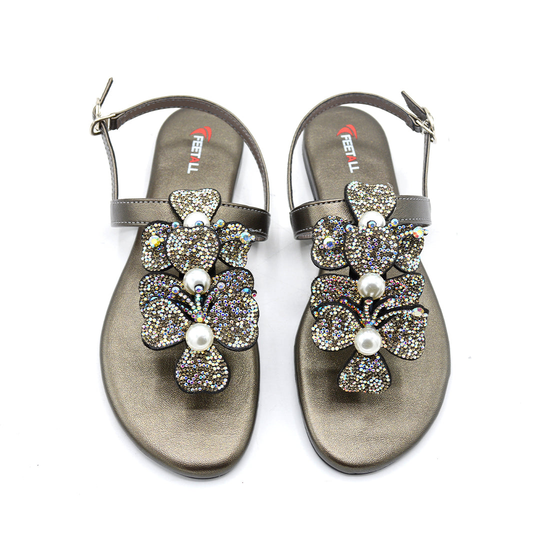 Metallic Embellished T-Strap Sandals