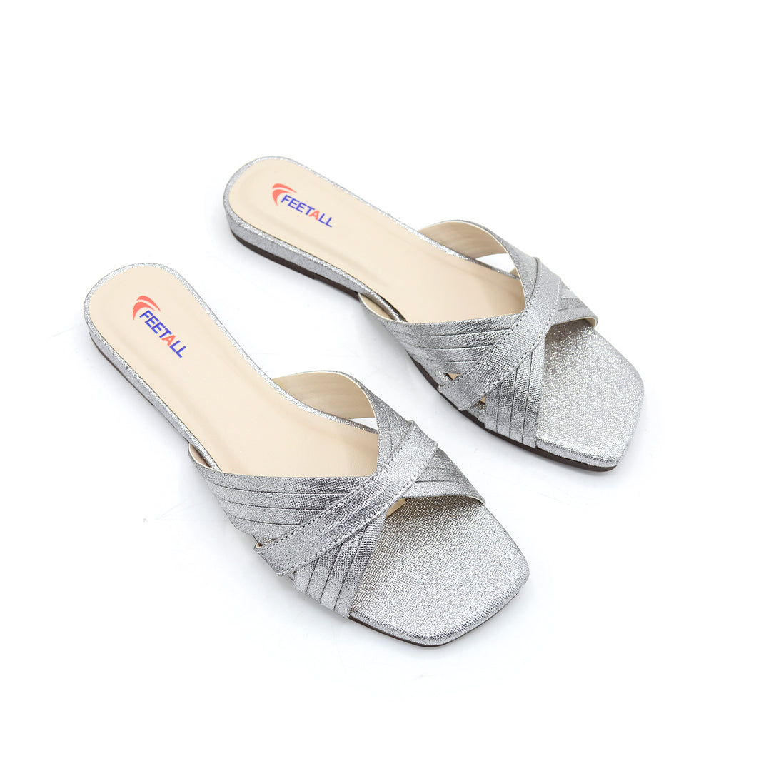 Silver Shimmer Cross-Strap Flat Slides