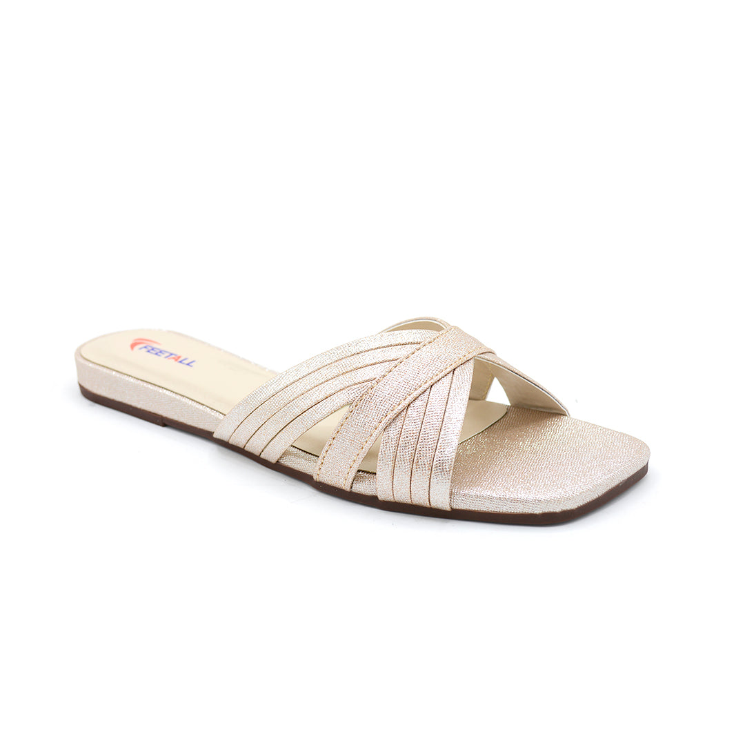 Champagne Gold Shimmer Cross-Strap Flat Slides