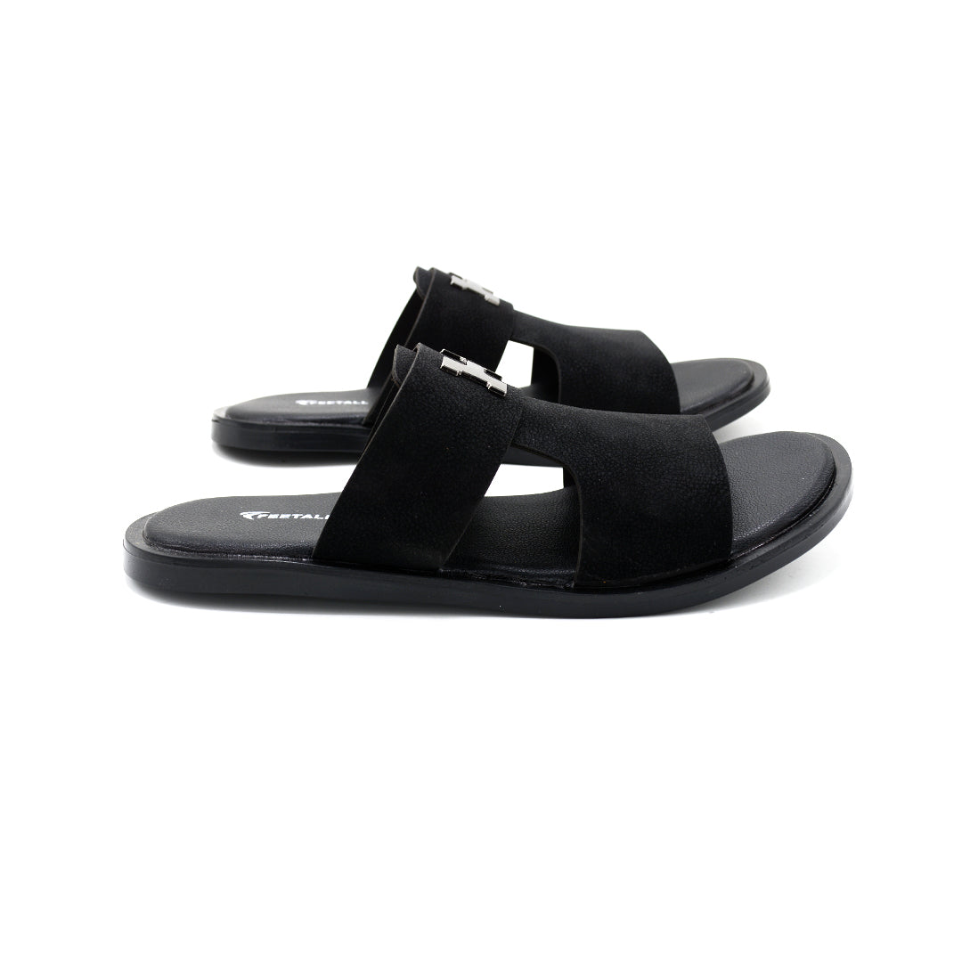 Black Suede H-Buckle Slide Sandals
