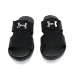 Black Suede H-Buckle Slide Sandals