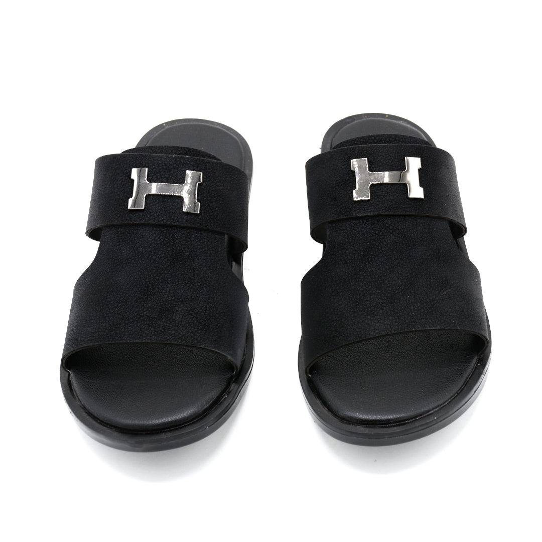 Black Suede H-Buckle Slide Sandals