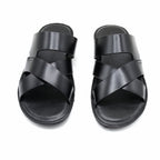 Sleek Black Leather Cross-Strap Slide Sandals
