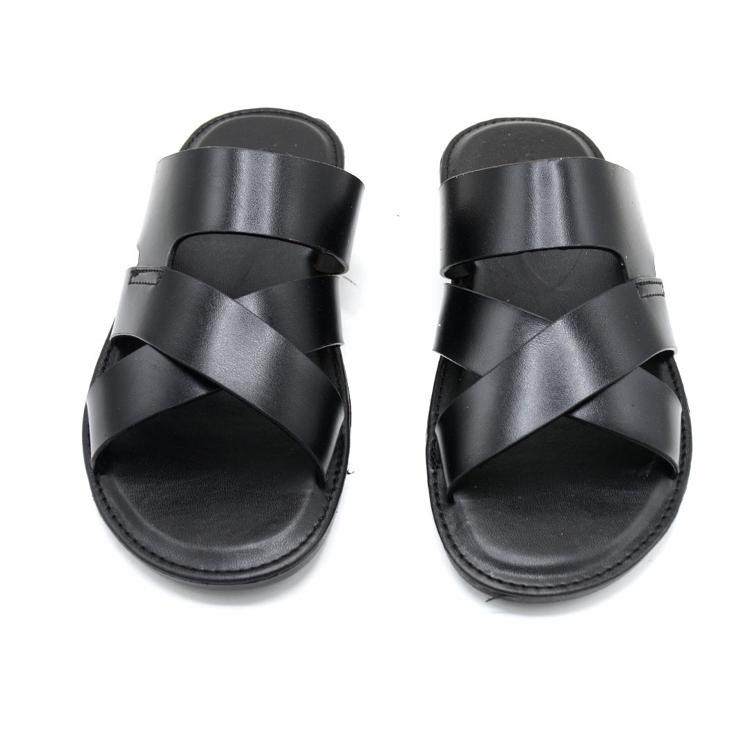 Sleek Black Leather Cross-Strap Slide Sandals