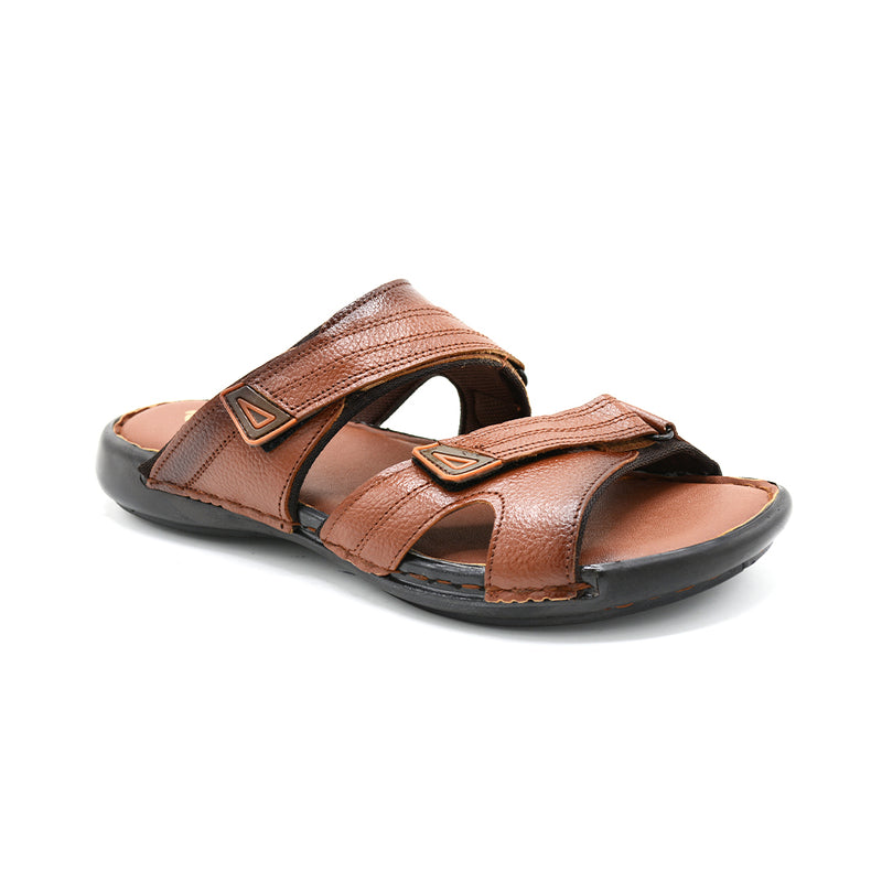 Men's Tan Leather Dual-Strap Slide Sandals