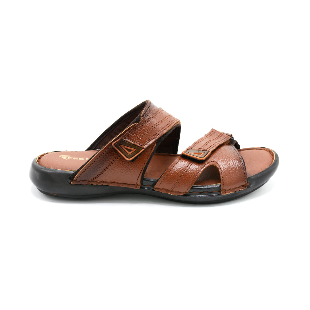 Men's Tan Leather Dual-Strap Slide Sandals