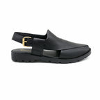 Black Leather Peshawari Chappal With Gold Buckle