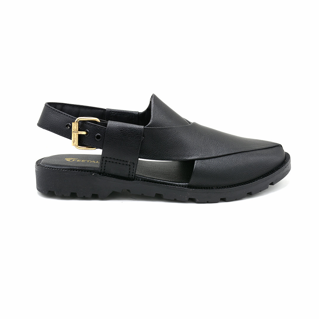 Black Leather Peshawari Chappal With Gold Buckle