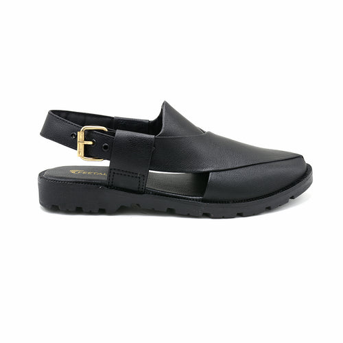 Black Leather Peshawari Chappal With Gold Buckle