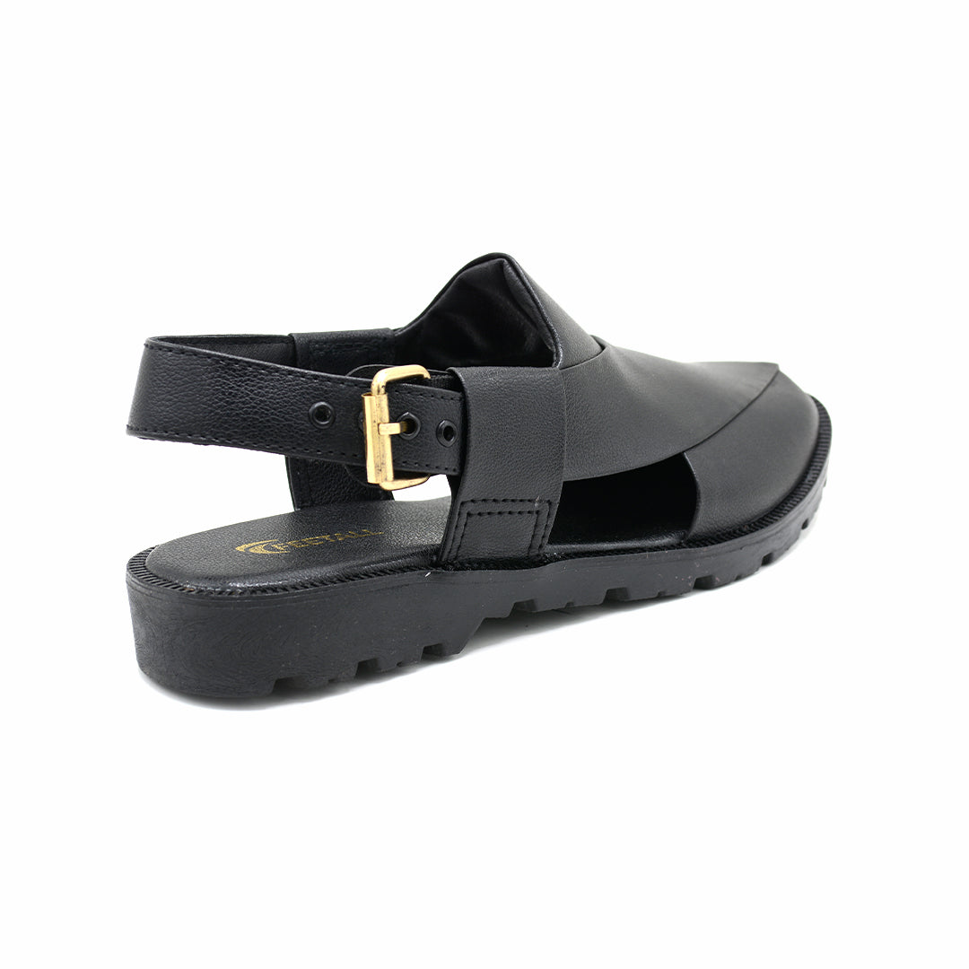 Black Leather Peshawari Chappal With Gold Buckle