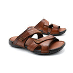 Men's Tan Leather Dual-Strap Slide Sandals