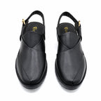 Black Leather Peshawari Chappal With Gold Buckle