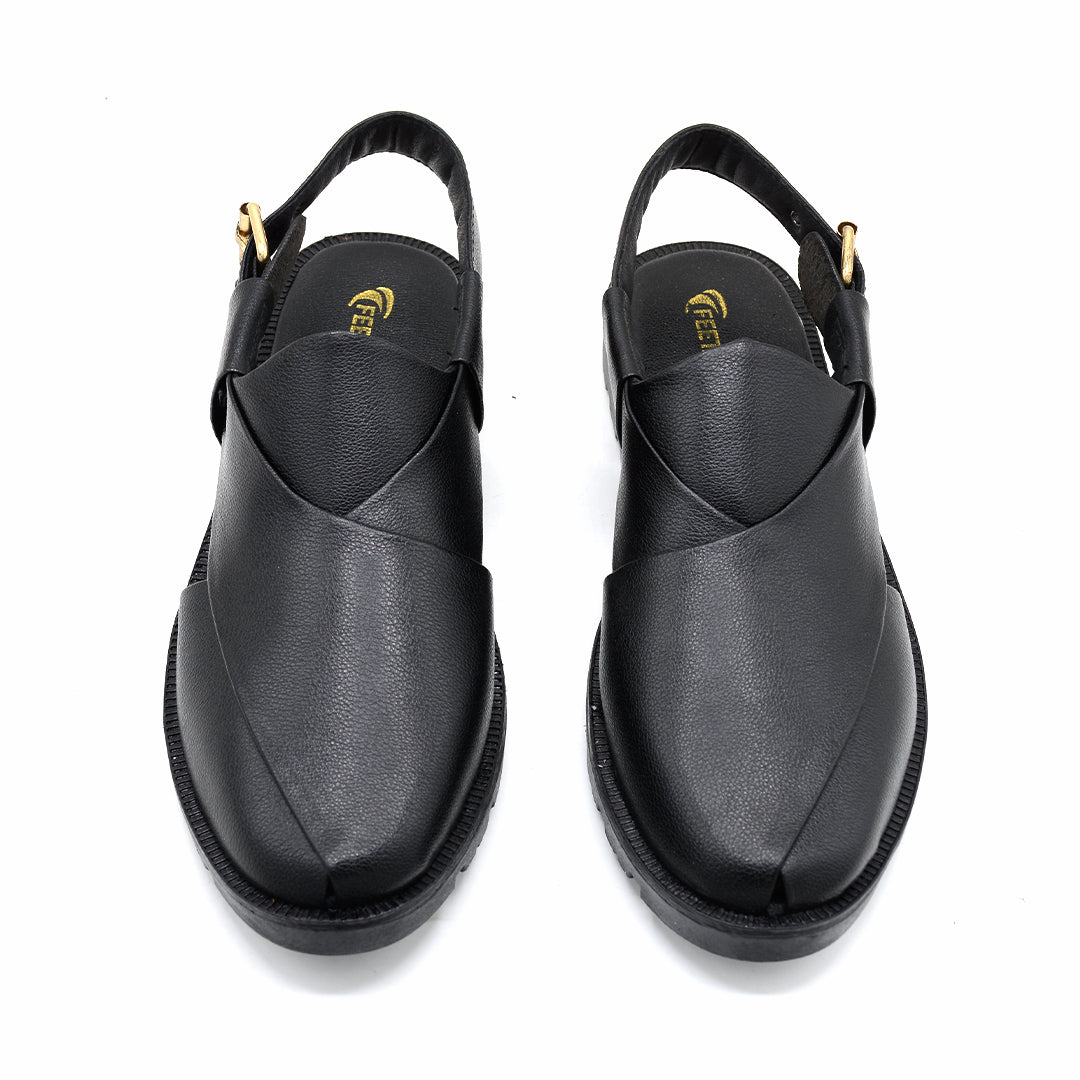 Black Leather Peshawari Chappal With Gold Buckle