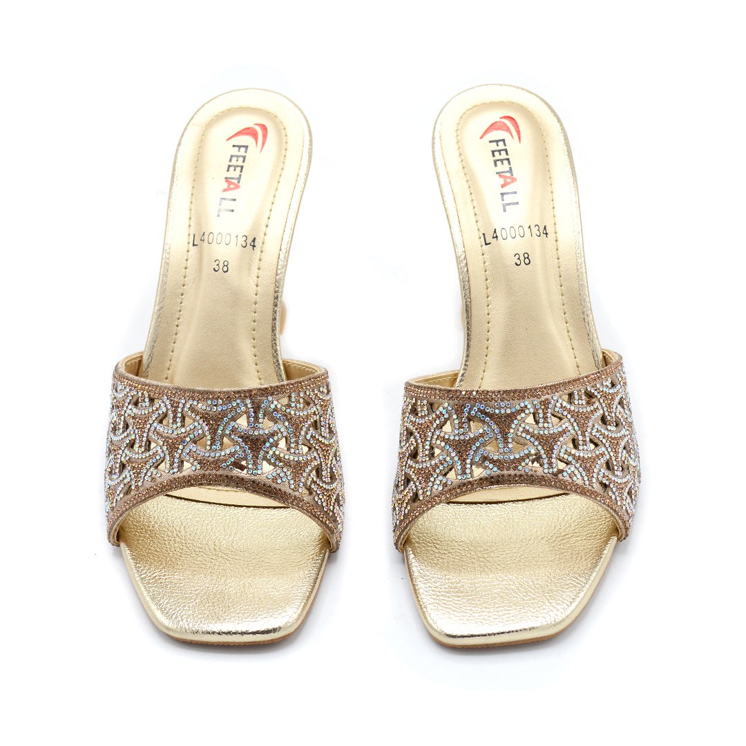 Star-Embellished Gold Heeled Mules