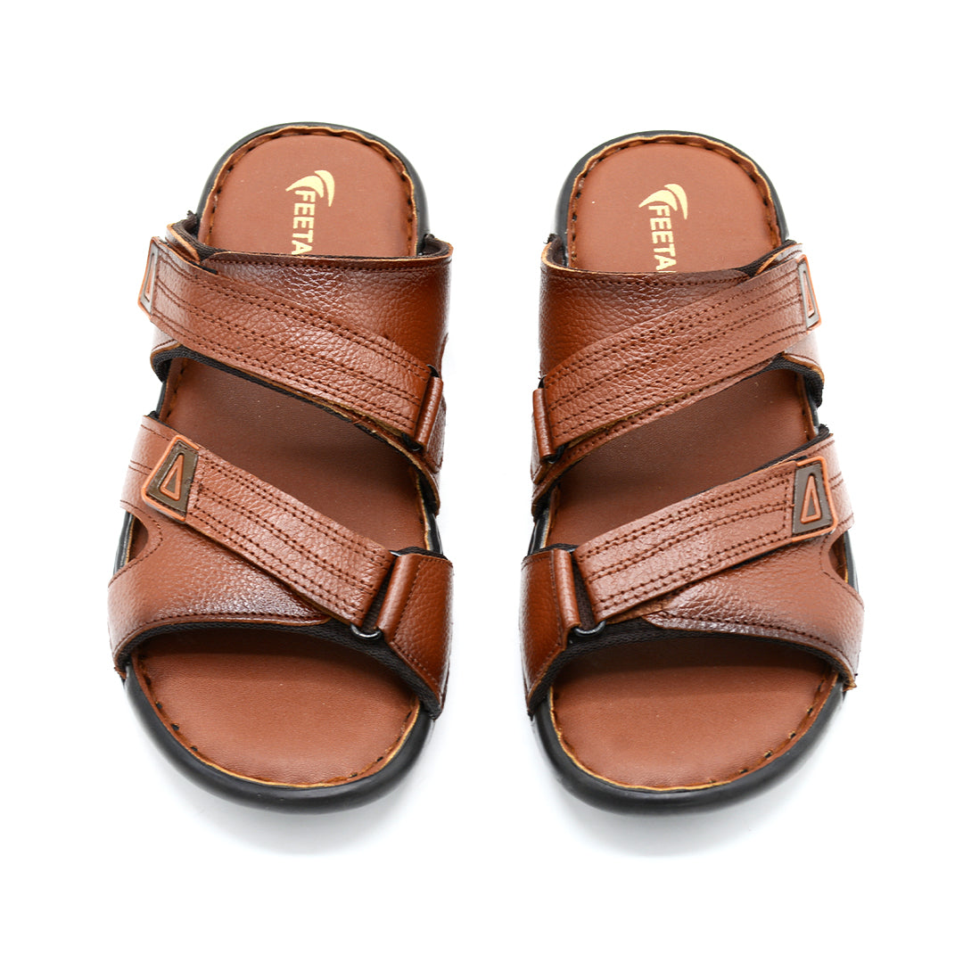 Men's Tan Leather Dual-Strap Slide Sandals