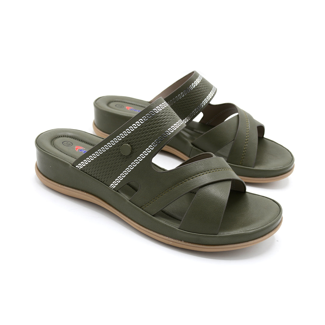 Olive Wedge Cross-Strap Slide Sandal