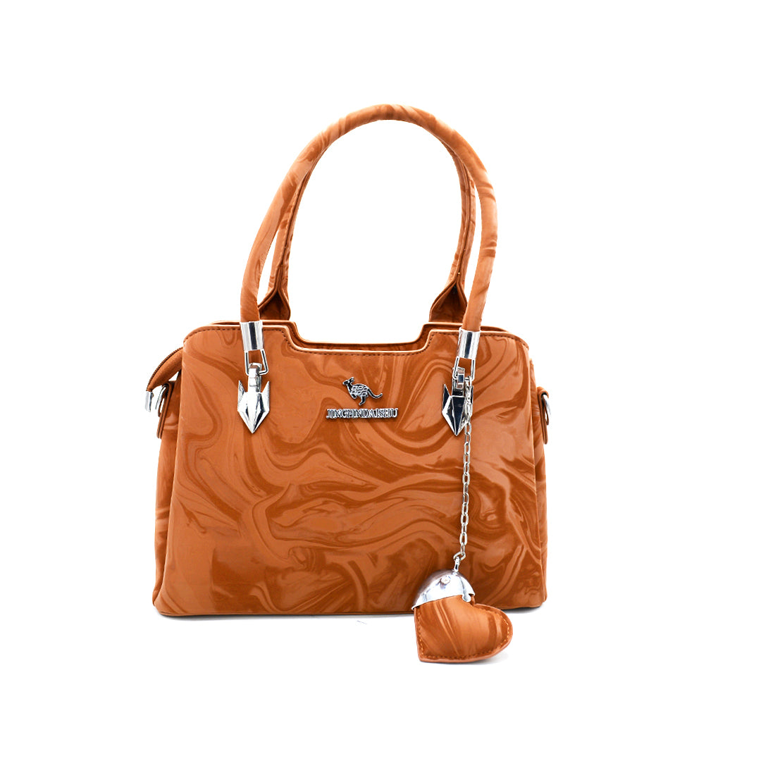 Glossy Caramel Fashion Handbag with Charm