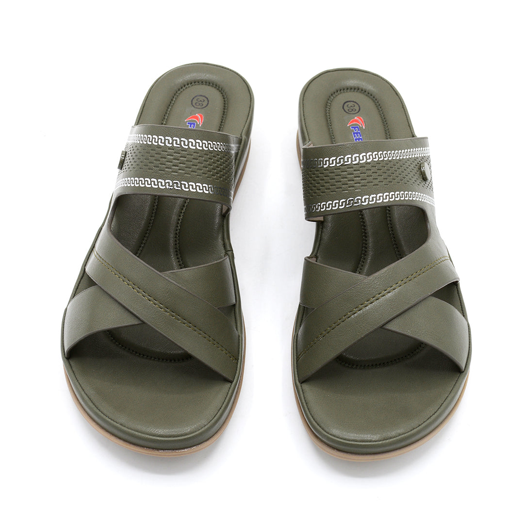 Olive Wedge Cross-Strap Slide Sandal
