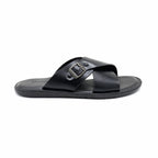 Cross-Strap Buckle Leather Slide Sandals