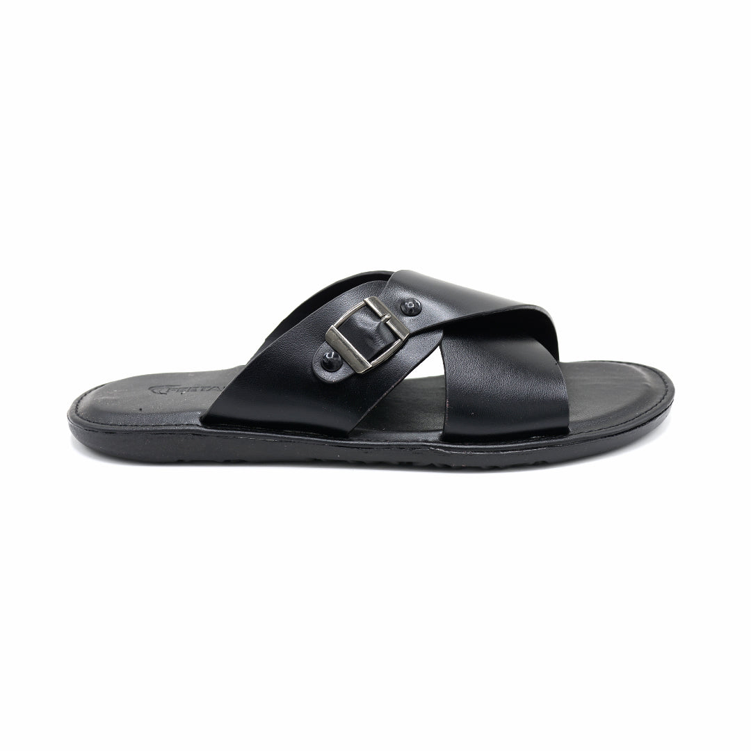Cross-Strap Buckle Leather Slide Sandals