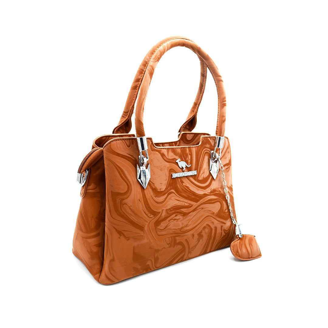 Glossy Caramel Fashion Handbag with Charm