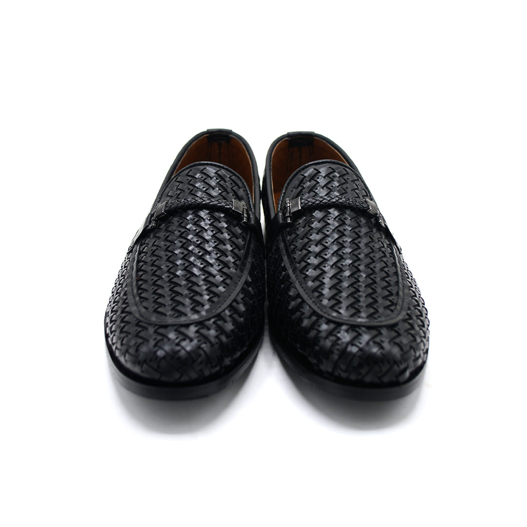 Black Woven Leather-Style Slip-On Loafers